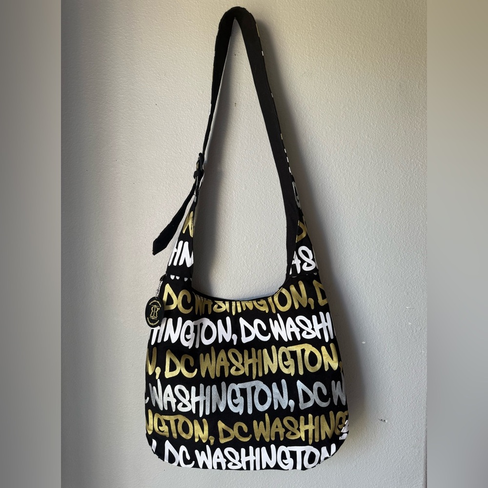 Robin Ruth Washington DC Hobo Bag Black White And Gold Logo Print